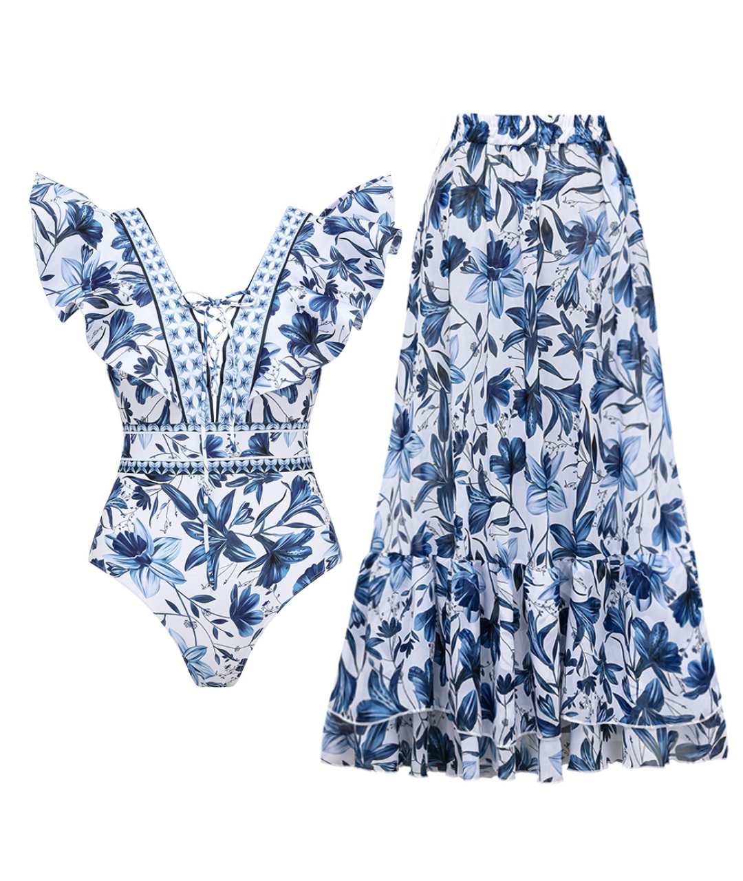 אמליה | בגד ים V-צוואר 2 ב-1 עם חצאית תואמת